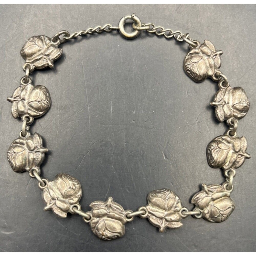 Vintage Catholic Rose Medal Bracelet Silver Tone Medals 7.5 Inch